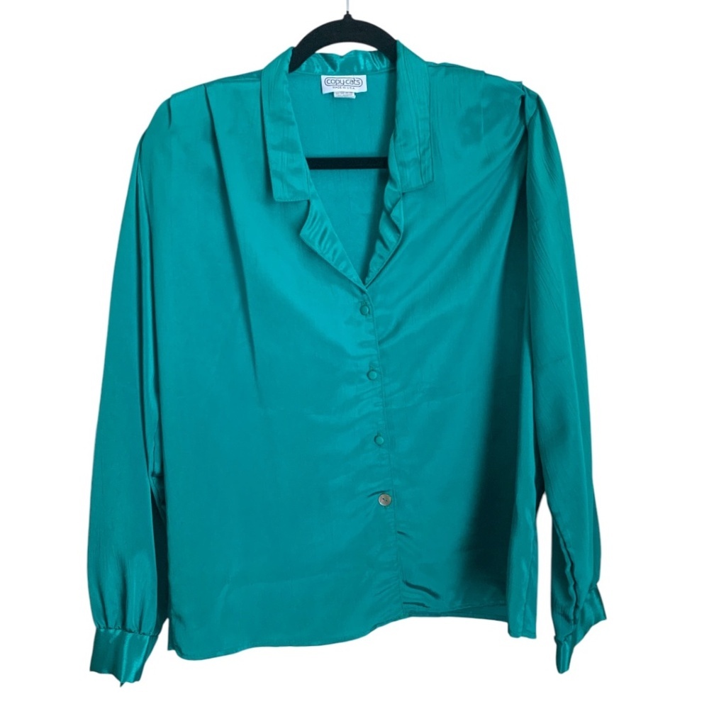 Vintage Copy Cat Green Blouse Size 12 Made in USA Polyester Shirt
